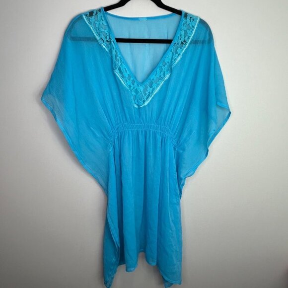 Aqua Blue Lace Trim Swim Cover Up Beach Kaftan Resort Wear Sheer Tunic - Picture 1 of 6